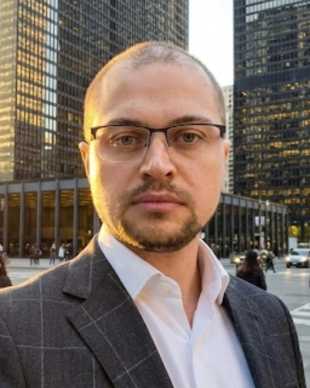 Portrait of Volodymyr Brykanov in a downtown financial district at golden hour. Grey checked jacket, white shirt, glasses. Procurement Crisis Manager and Operations Automation Practitioner.