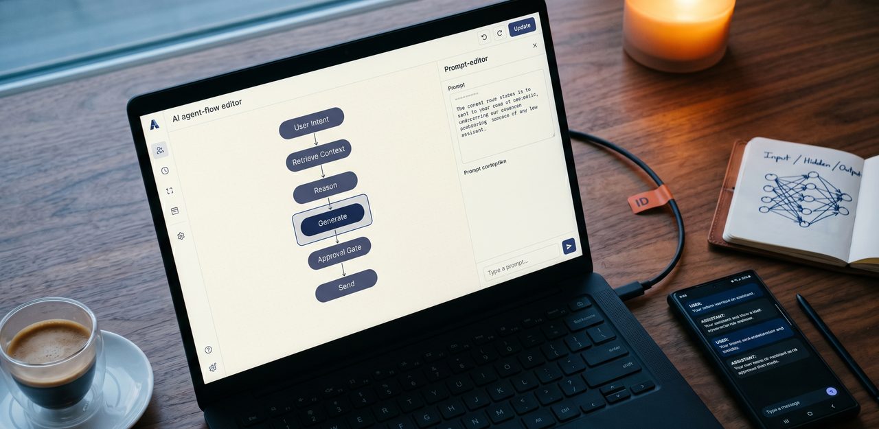 Editorial close-up photograph of a modern aluminum laptop displaying an abstract AI workflow interface, with a notebook of hand-drawn neural network sketches