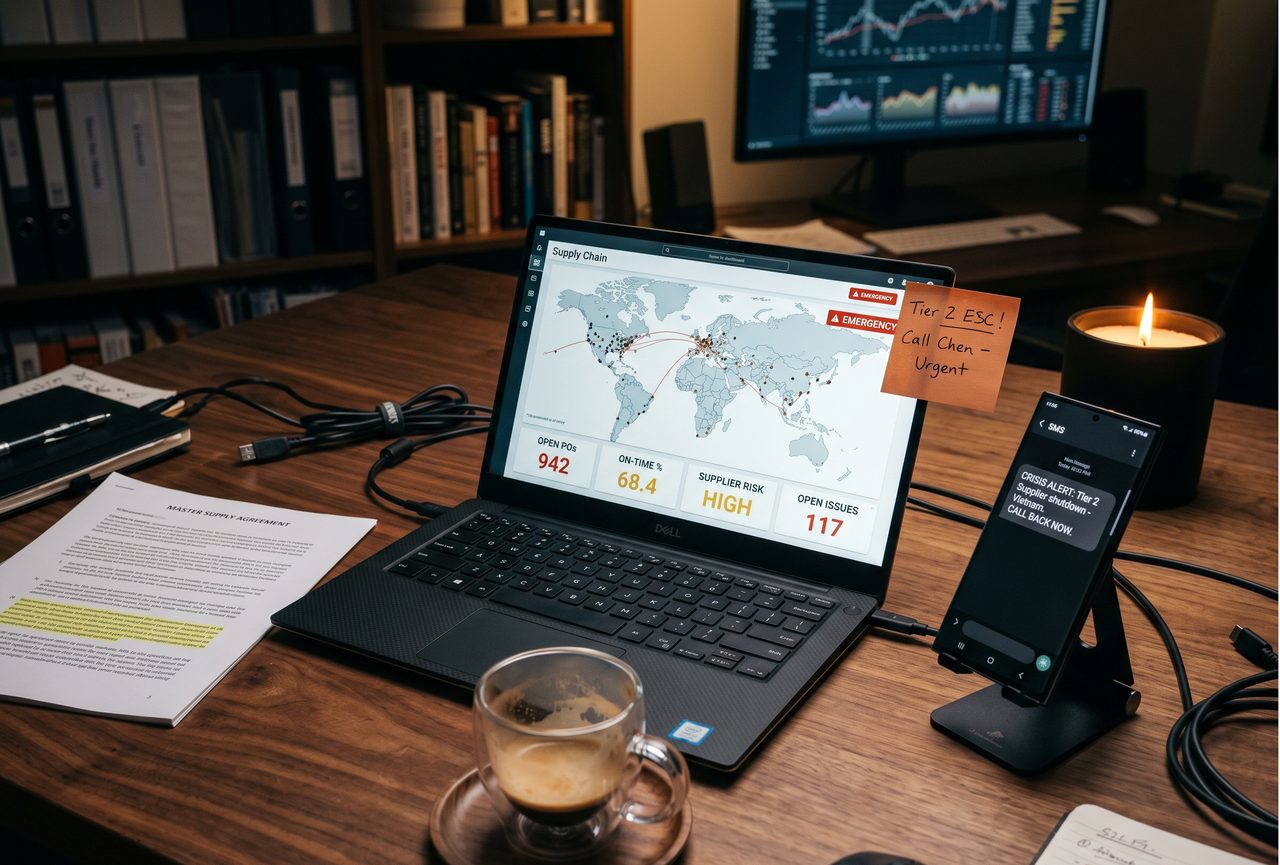 Editorial photograph of an industrial operations control desk with monitors showing abstract supply chain dashboards