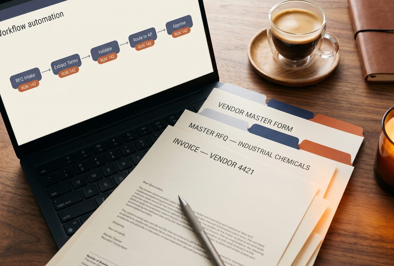 Editorial overhead photograph of organized business documents and an automated document workflow on a warm paper-toned desk