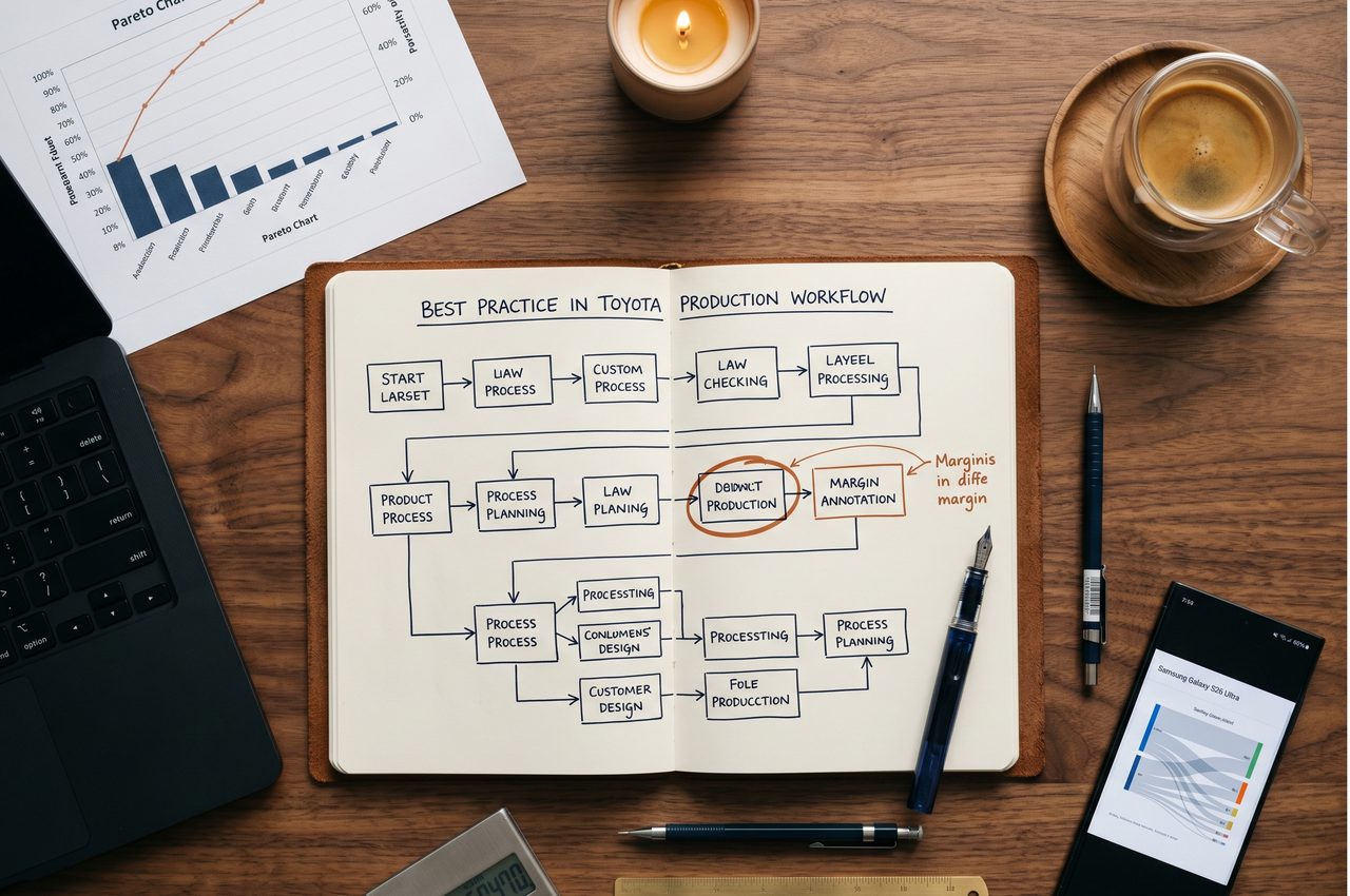 Editorial photograph of a financial process analysis workspace with hand-drawn process flow diagrams and analytics printouts